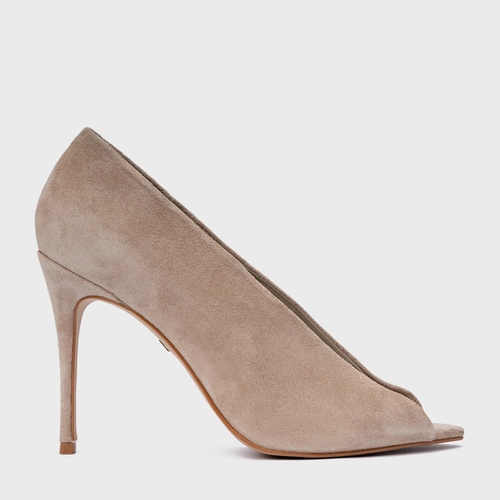 Scarpin Maxi Recorte Salto Fino Couro Suede Bege Oatmeal