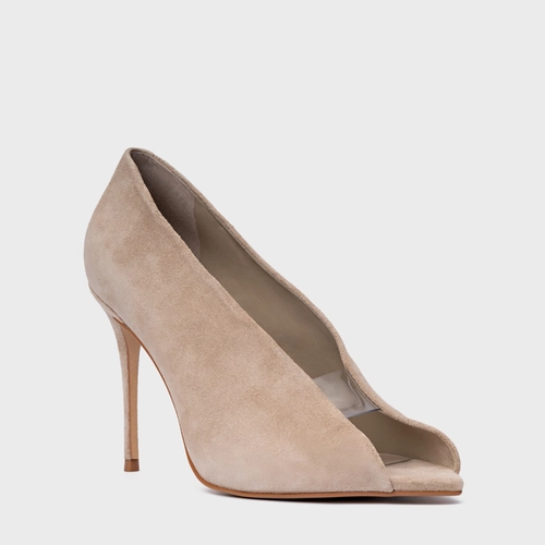 Scarpin Maxi Recorte Salto Fino Couro Suede Bege Oatmeal