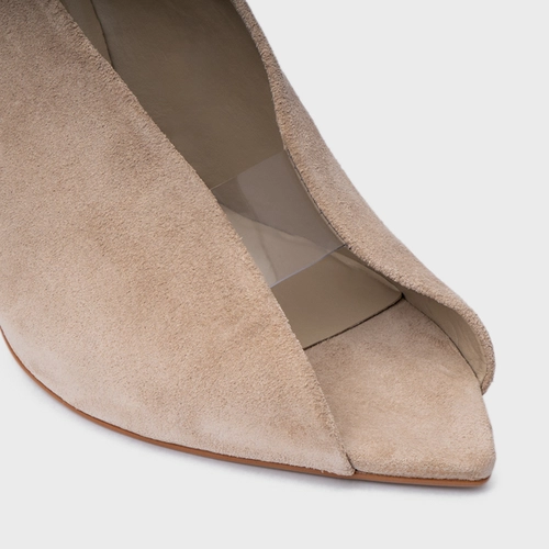 Scarpin Maxi Recorte Salto Fino Couro Suede Bege Oatmeal
