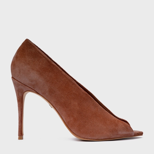 Scarpin Maxi Recorte Salto Fino Couro Suede Marrom Walnut