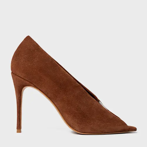 Scarpin Maxi Recorte Salto Fino Couro Suede Marrom Walnut