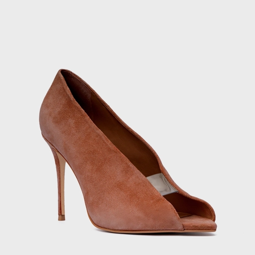 Scarpin Maxi Recorte Salto Fino Couro Suede Marrom Walnut