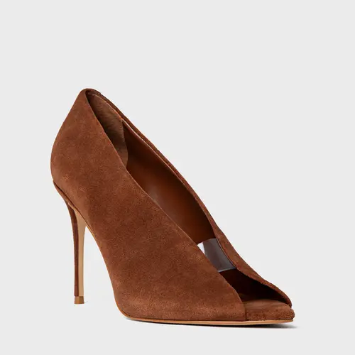 Scarpin Maxi Recorte Salto Fino Couro Suede Marrom Walnut