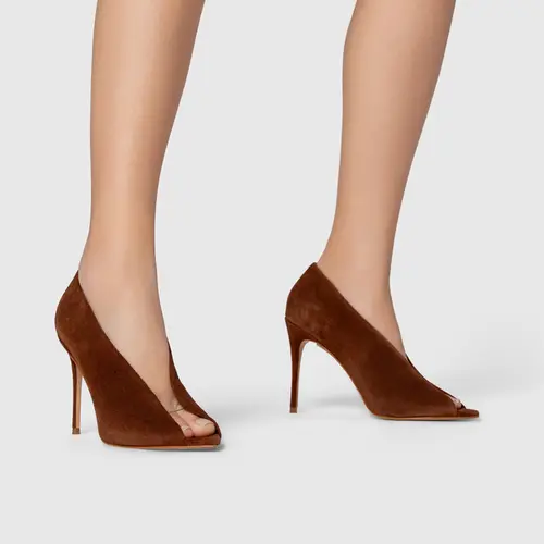 Scarpin Maxi Recorte Salto Fino Couro Suede Marrom Walnut