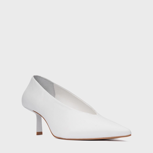 Scarpin Bico Alongado Salto Fino Couro Branco Blanc