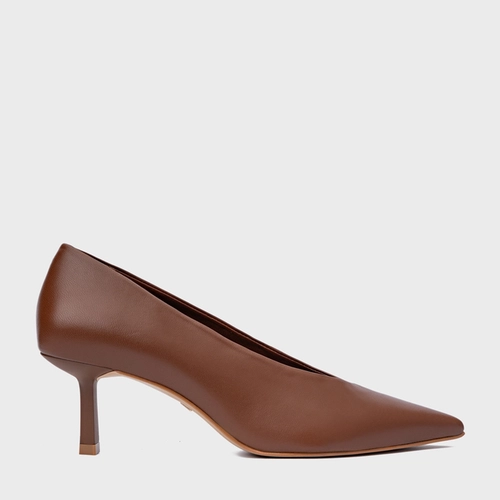 Scarpin Bico Alongado Salto Fino Couro Marrom Walnut