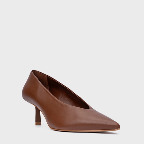 Scarpin Bico Alongado Salto Fino Couro Marrom Walnut