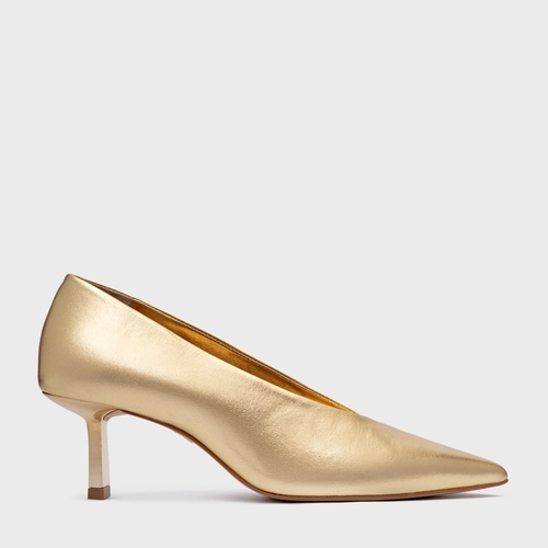 Scarpin Bico Alongado Salto Fino Couro Metalizado Dourado