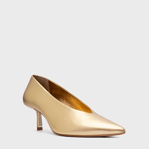 Scarpin Bico Alongado Salto Fino Couro Metalizado Dourado