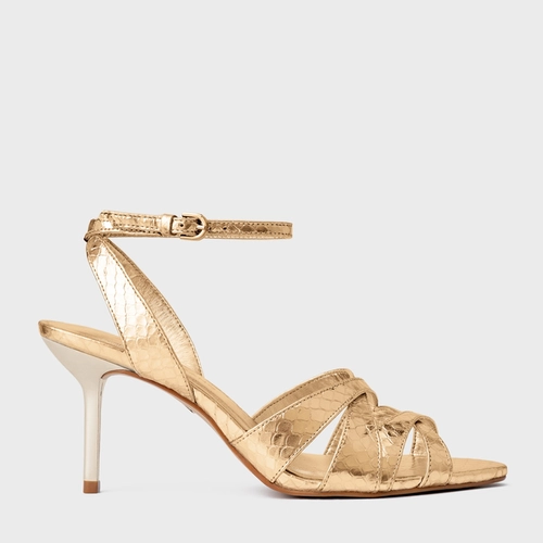 Sandália Glam Salto Fino Couro Snake Metalizado Dourado