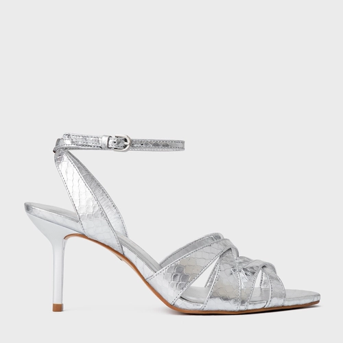 Sandália Glam Salto Fino Couro Snake Metalizado Prata