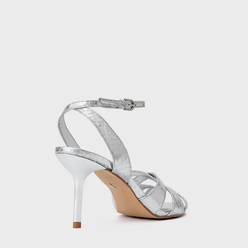 Sandália Glam Salto Fino Couro Snake Metalizado Prata