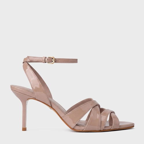 Sandália Glam Salto Fino Couro Verniz Bege Beaver
