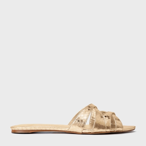 Rasteira Glam Couro Snake Metalizado Dourado