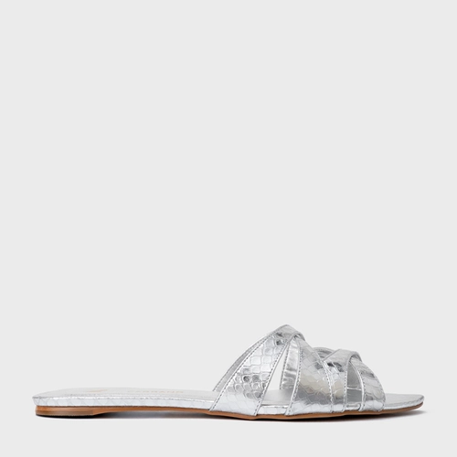 Rasteira Glam Couro Snake Metalizado Prata
