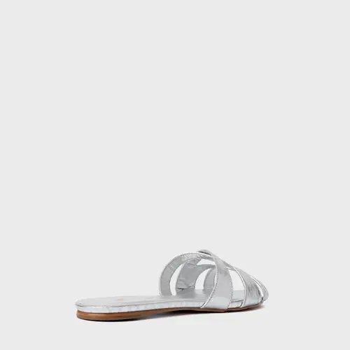 Rasteira Glam Couro Snake Metalizado Prata