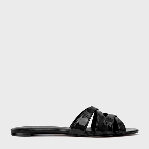 Rasteira Glam Couro Verniz Preto