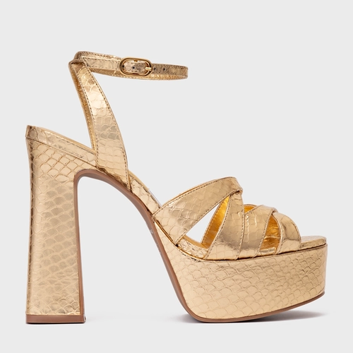 Sandália Plataforma Glam Couro Snake Metalizado Dourado