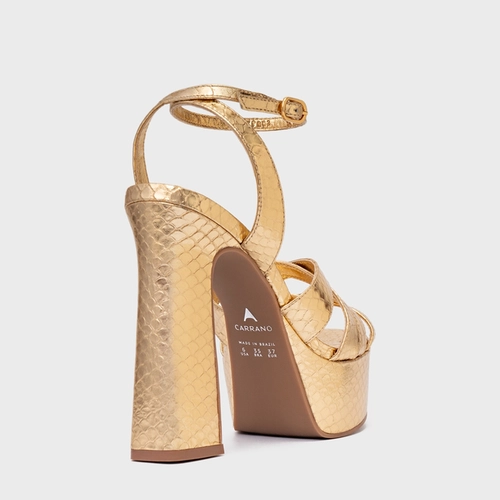 Sandália Plataforma Glam Couro Snake Metalizado Dourado