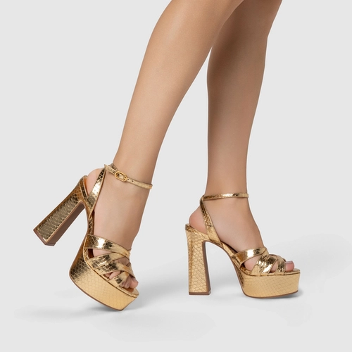 Sandália Plataforma Glam Couro Snake Metalizado Dourado
