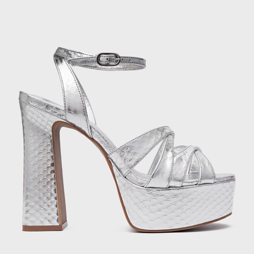 Sandália Plataforma Glam Couro Snake Metalizado Prata