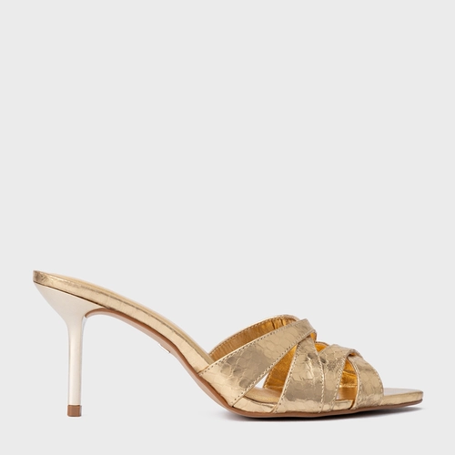 Open Mule Glam Salto Fino Couro Snake Metalizado Dourado