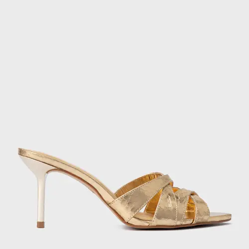 Open Mule Glam Salto Fino Couro Snake Metalizado Dourado