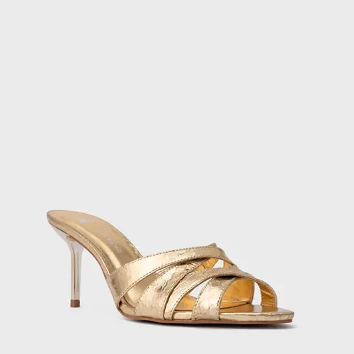 Open Mule Glam Salto Fino Couro Snake Metalizado Dourado