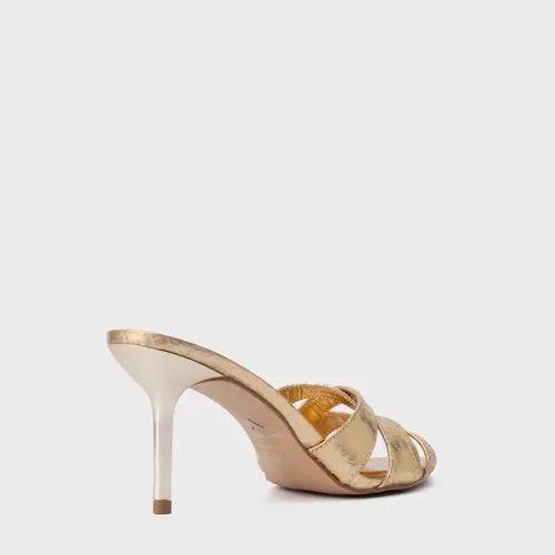 Open Mule Glam Salto Fino Couro Snake Metalizado Dourado