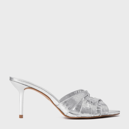 Open Mule Glam Salto Fino Couro Snake Metalizado Prata