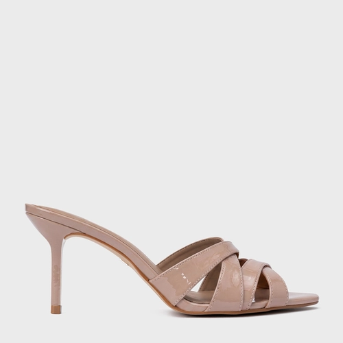 Open Mule Glam Salto Fino Couro Verniz Bege Beaver