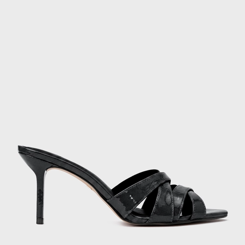 Open Mule Glam Salto Fino Couro Verniz Preto