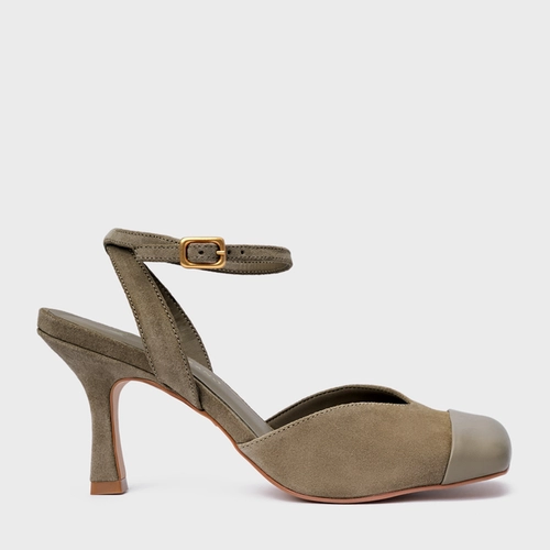 Scarpin Slingback Cap Toe Square Couro Suede Verde Army Green