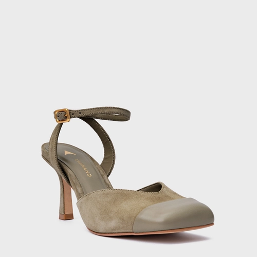 Scarpin Slingback Cap Toe Square Couro Suede Verde Army Green