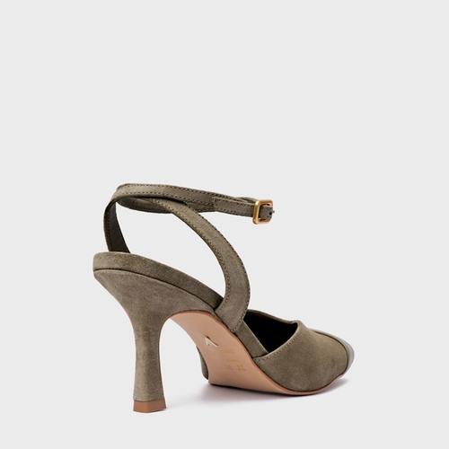 Scarpin Slingback Cap Toe Square Couro Suede Verde Army Green