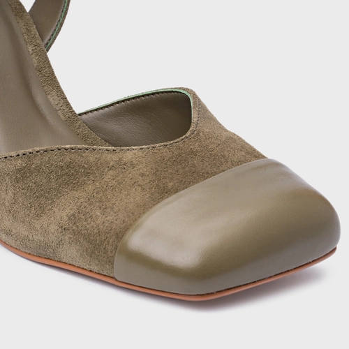 Scarpin Slingback Cap Toe Square Couro Suede Verde Army Green