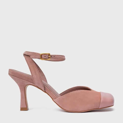Scarpin Slingback Cap Toe Square Couro Suede Rosa Ballet