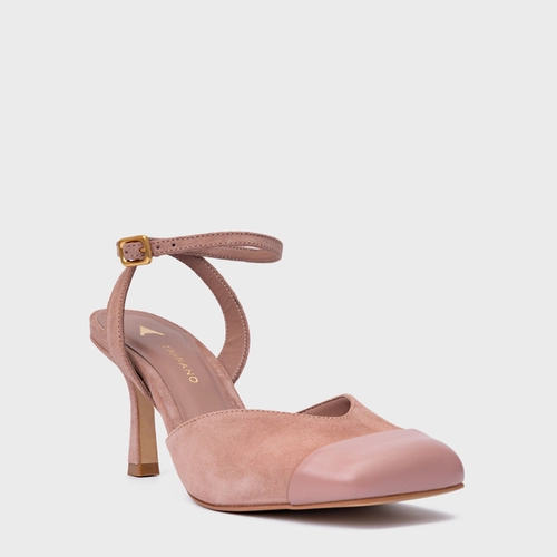 Scarpin Slingback Cap Toe Square Couro Suede Rosa Ballet