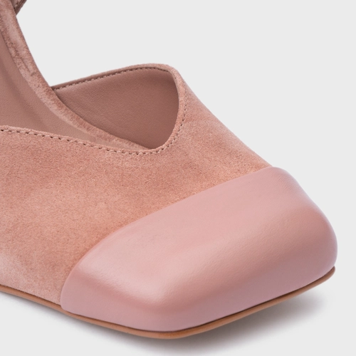 Scarpin Slingback Cap Toe Square Couro Suede Rosa Ballet