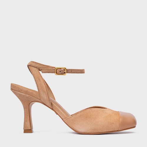 Scarpin Slingback Cap Toe Square Couro Suede Marrom Cookie
