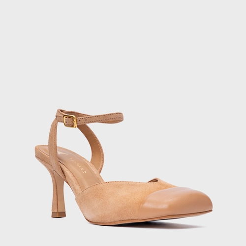 Scarpin Slingback Cap Toe Square Couro Suede Marrom Cookie