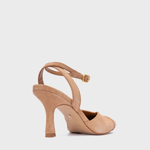 Scarpin Slingback Cap Toe Square Couro Suede Marrom Cookie