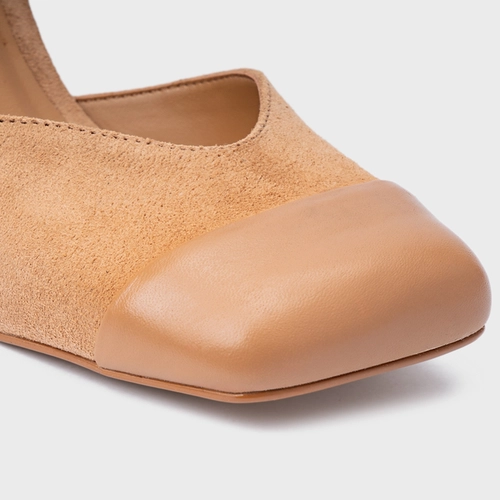 Scarpin Slingback Cap Toe Square Couro Suede Marrom Cookie