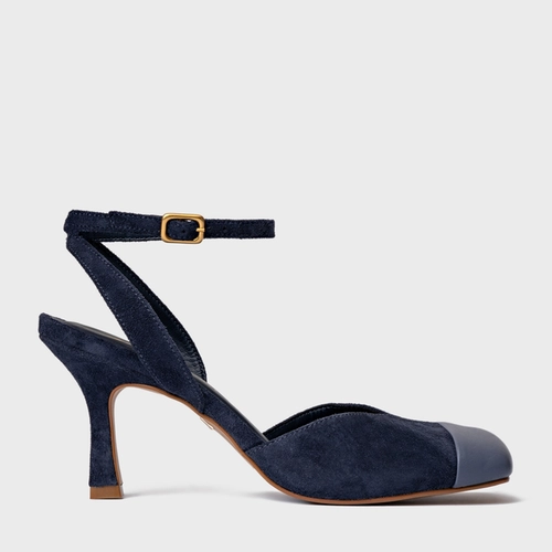Scarpin Slingback Cap Toe Square Couro Suede Azul Navy