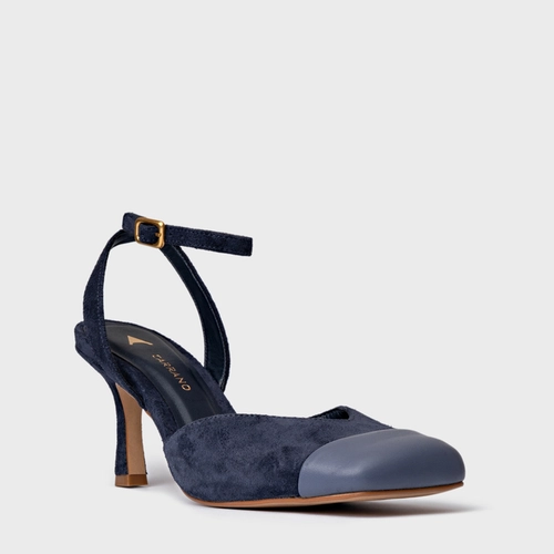 Scarpin Slingback Cap Toe Square Couro Suede Azul Navy