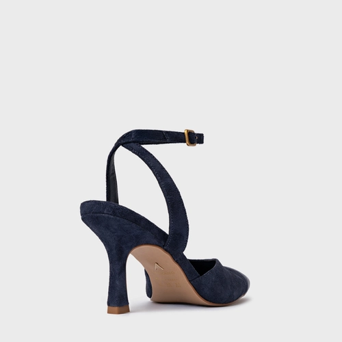 Scarpin Slingback Cap Toe Square Couro Suede Azul Navy