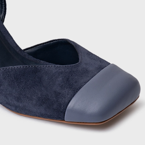Scarpin Slingback Cap Toe Square Couro Suede Azul Navy