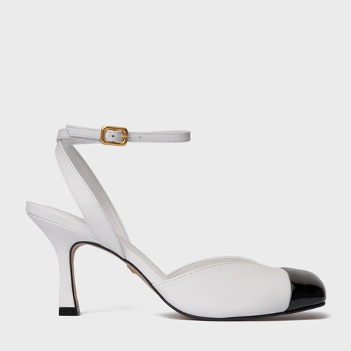 Scarpin Slingback Cap Toe Square Couro Branco Blanc