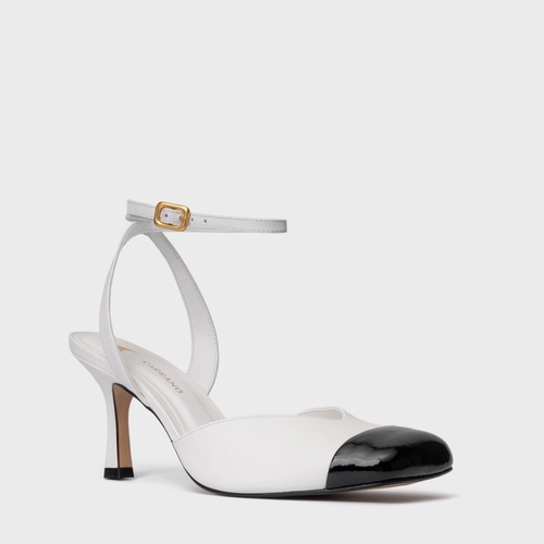 Scarpin Slingback Cap Toe Square Couro Branco Blanc