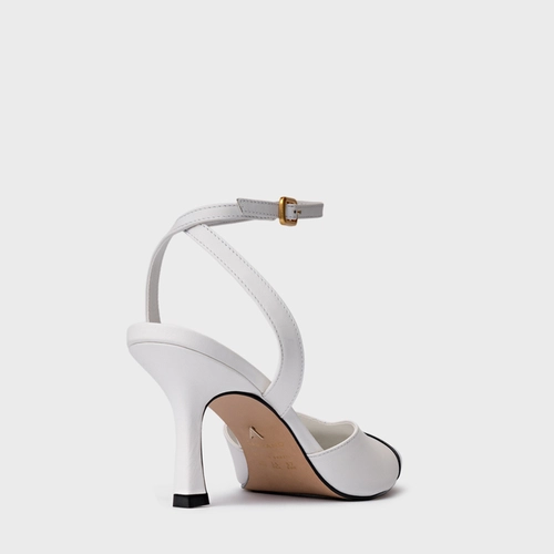Scarpin Slingback Cap Toe Square Couro Branco Blanc